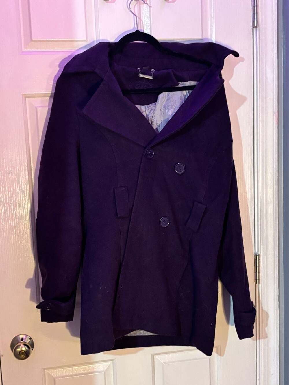 Joujou Women's Purple Hooded Double-Breasted Wool Blend Peacoat XL